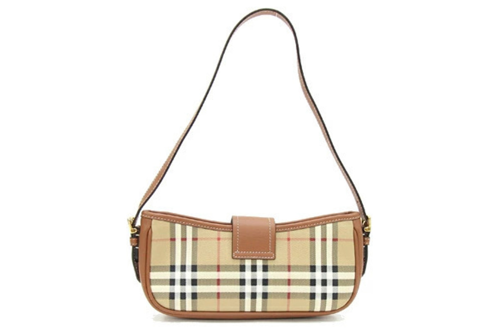 Burberry Shoulder Sling Hobo Check Leather Bag Beige Brown Tan Brown